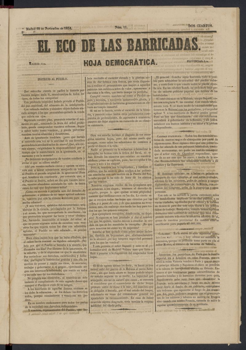 El Eco de las Barricadas: hoja democrtica del 18 de noviembre de 1854, n 11