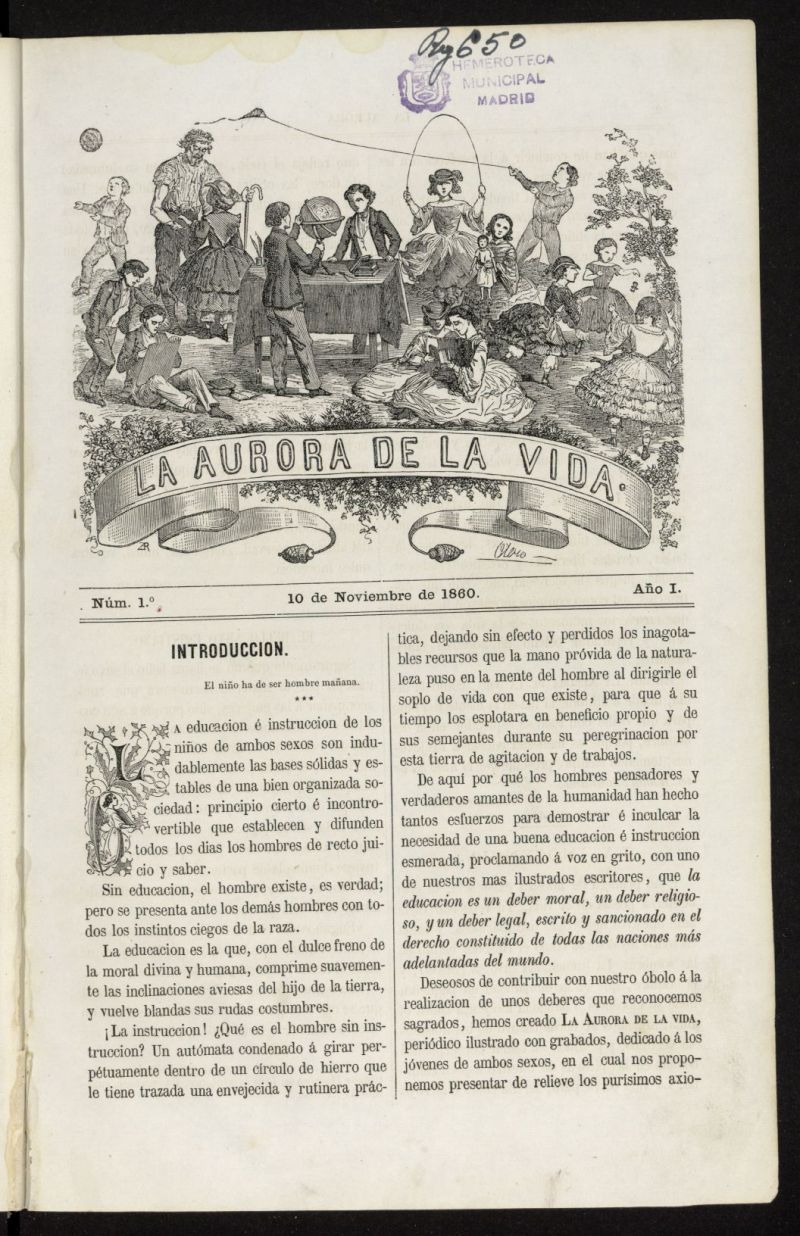 La Aurora de la Vida: nico peridico ilustrado dedicado a nios de ambos sexos del 10 de noviembre de 1860, n 1