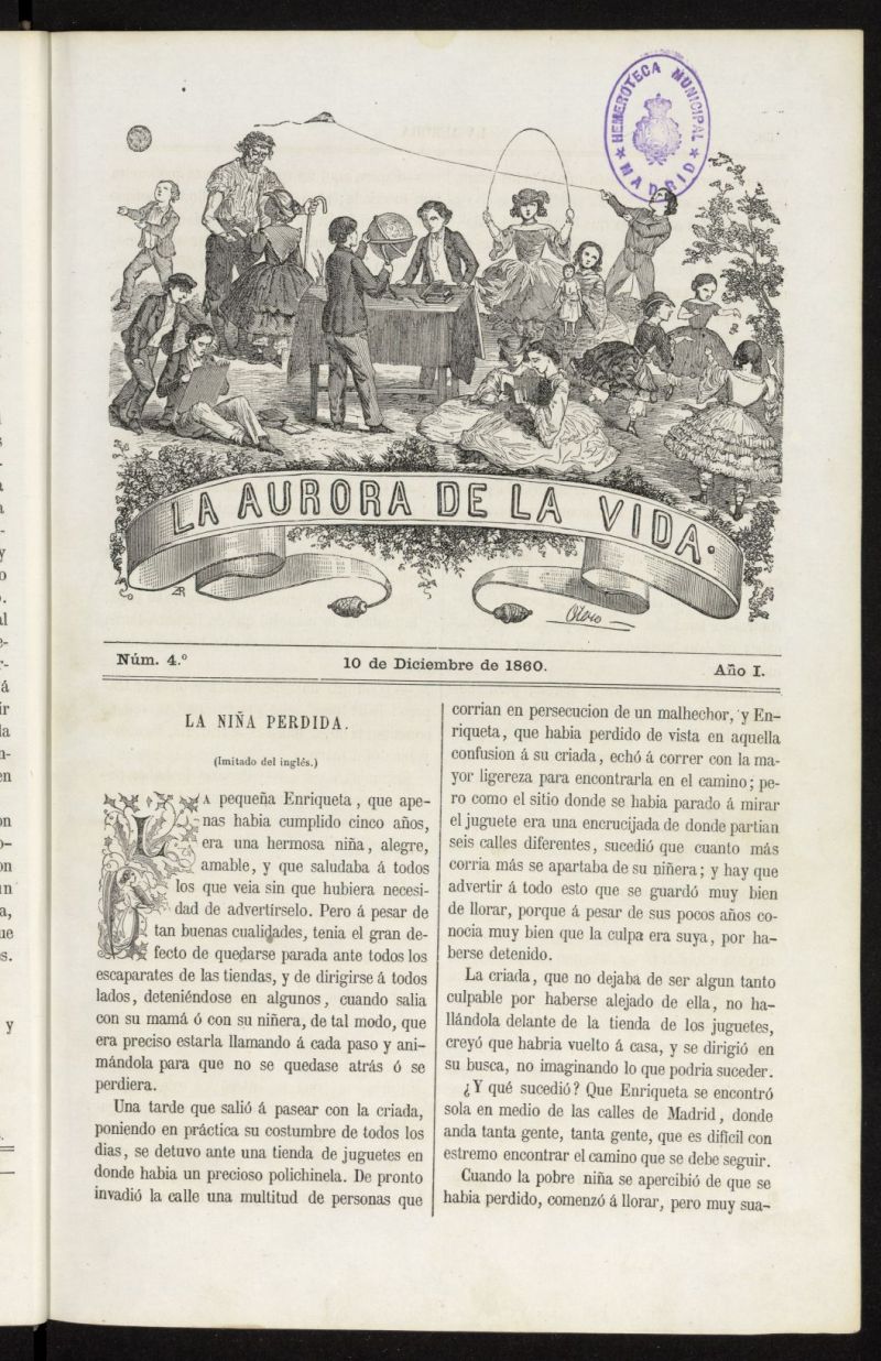 La Aurora de la Vida: nico peridico ilustrado dedicado a nios de ambos sexos del 10 de diciembre de 1860, n 4