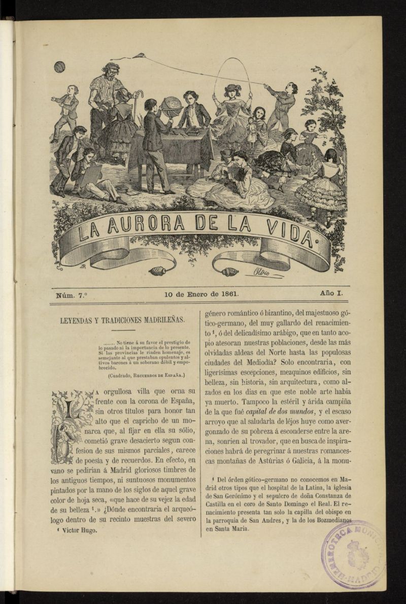 La Aurora de la Vida: nico peridico ilustrado dedicado a nios de ambos sexos del 10 de enero de 1861, n 7