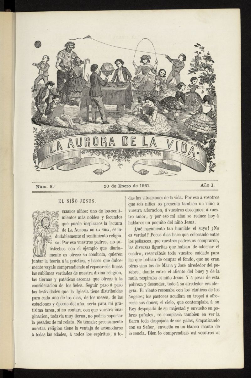 La Aurora de la Vida: nico peridico ilustrado dedicado a nios de ambos sexos del 20 de enero de 1861, n 8