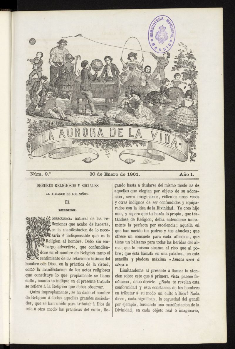 La Aurora de la Vida: nico peridico ilustrado dedicado a nios de ambos sexos del 30 de enero de 1861, n 9