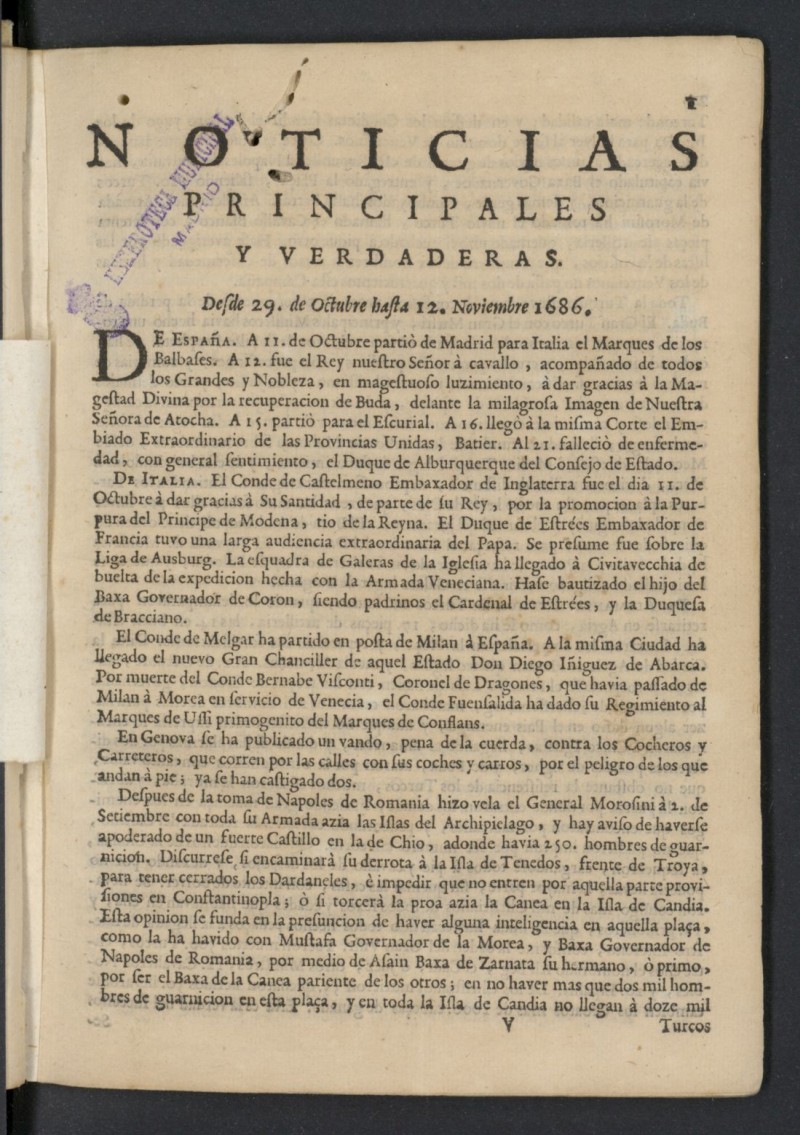 Noticias principales y verdaderas del 29 de octubre al 12 de noviembre de 1686