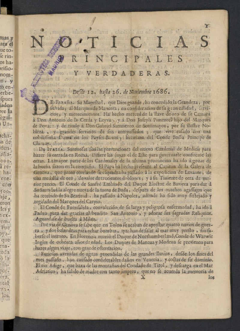 Noticias principales y verdaderas del 12 al 26 de noviembre de 1686