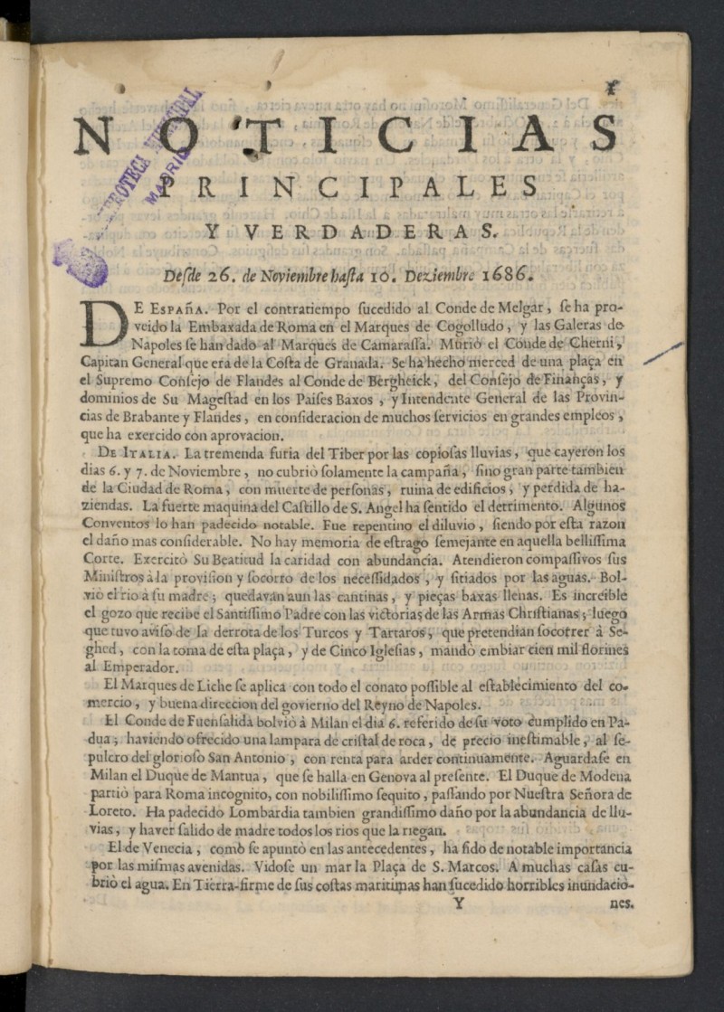Noticias principales y verdaderas del 26 de noviembre al 10 de diciembre de 1686