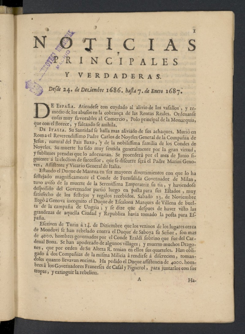 Noticias principales y verdaderas del 24 de diciembre de 1686 al 7 de enero de 1687