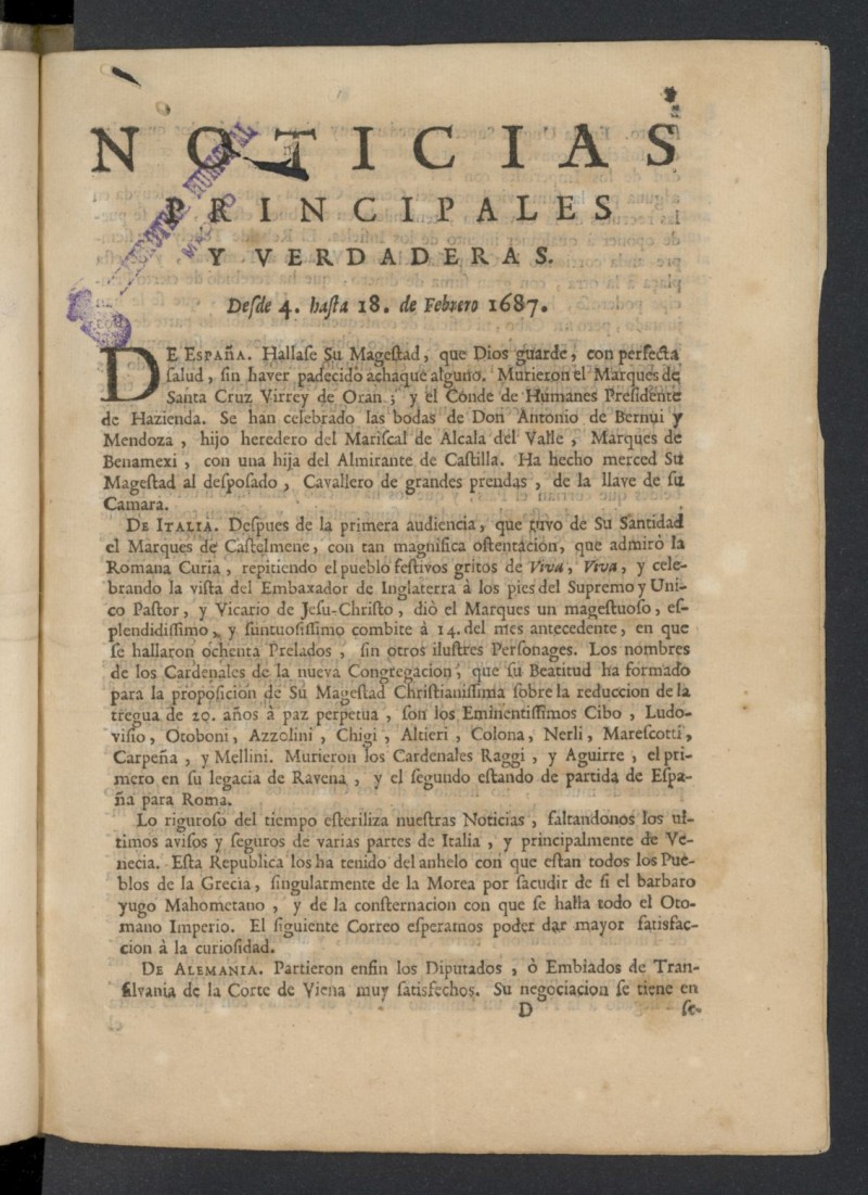Noticias principales y verdaderas del 4 al 18 de febrero de 1687