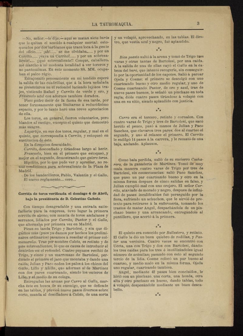 La Tauromaquia: peridico semanal del 5 de abril de 1880, n 1