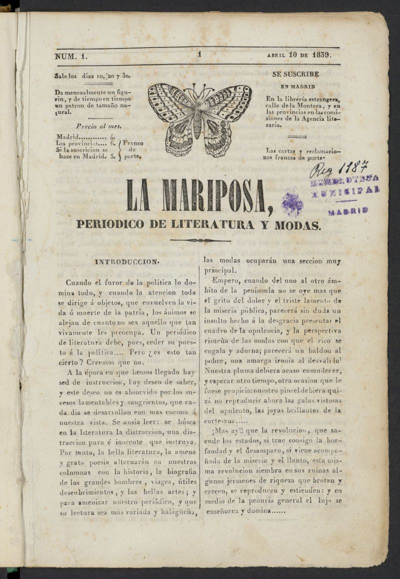 La Mariposa: peridico de literatura y modas del 10 de abril de 1839, n 1