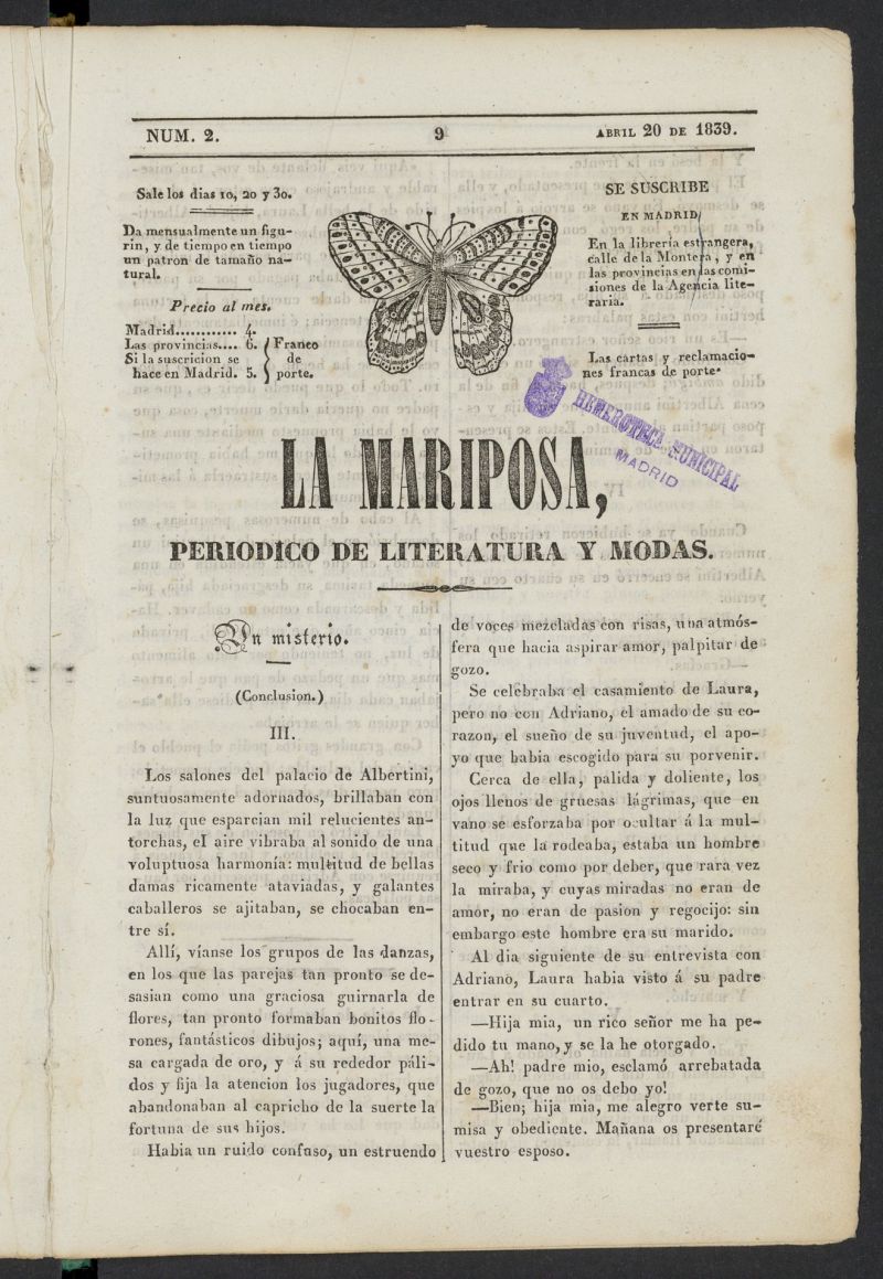 La Mariposa: peridico de literatura y modas del 20 de abril de 1839, n 2