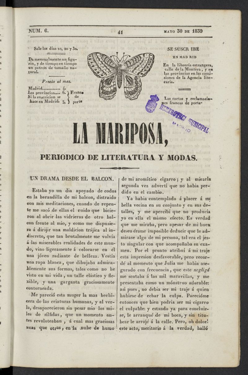 La Mariposa: peridico de literatura y modas del 30 de mayo de 1839, n 6
