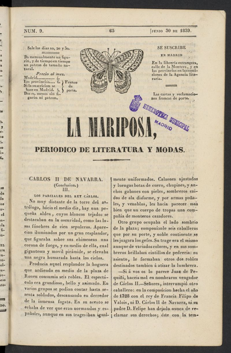 La Mariposa: peridico de literatura y modas del 30 de junio de 1839, n 9