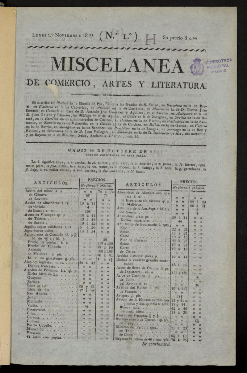 Miscelnea de comercio, artes y literatura (Madrid) del 1 de noviembre de 1819, n 1