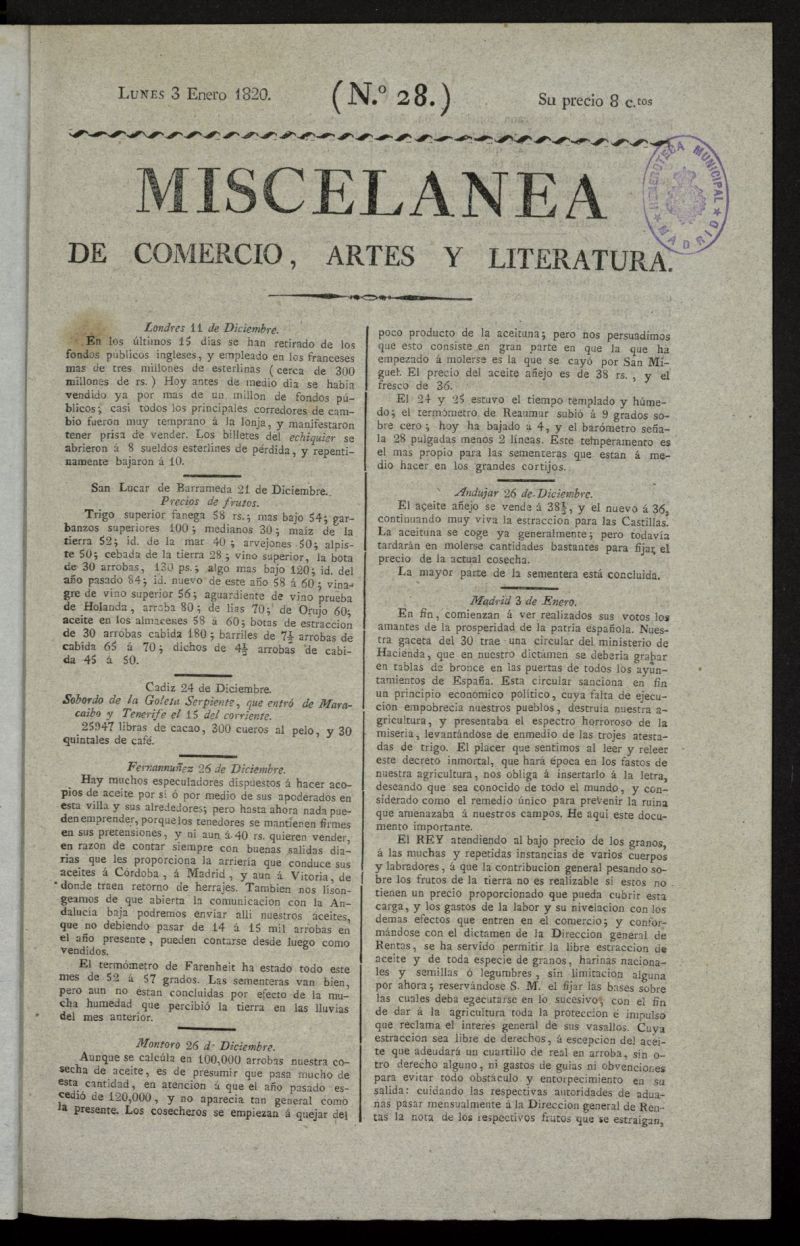 Miscelánea de comercio, artes y literatura (Madrid) del 3 de enero de 1820, nº 28