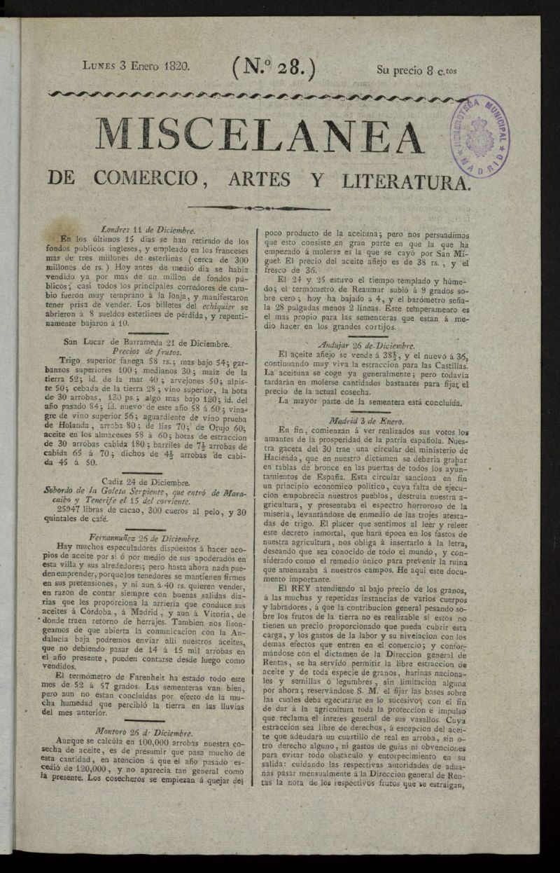 Miscelnea de comercio, artes y literatura (Madrid) del 3 de enero de 1820, n 28