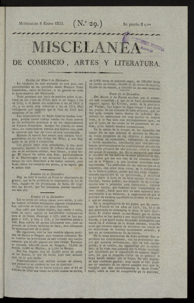 Miscelnea de comercio, artes y literatura (Madrid) del 5 de enero de 1820, n 29