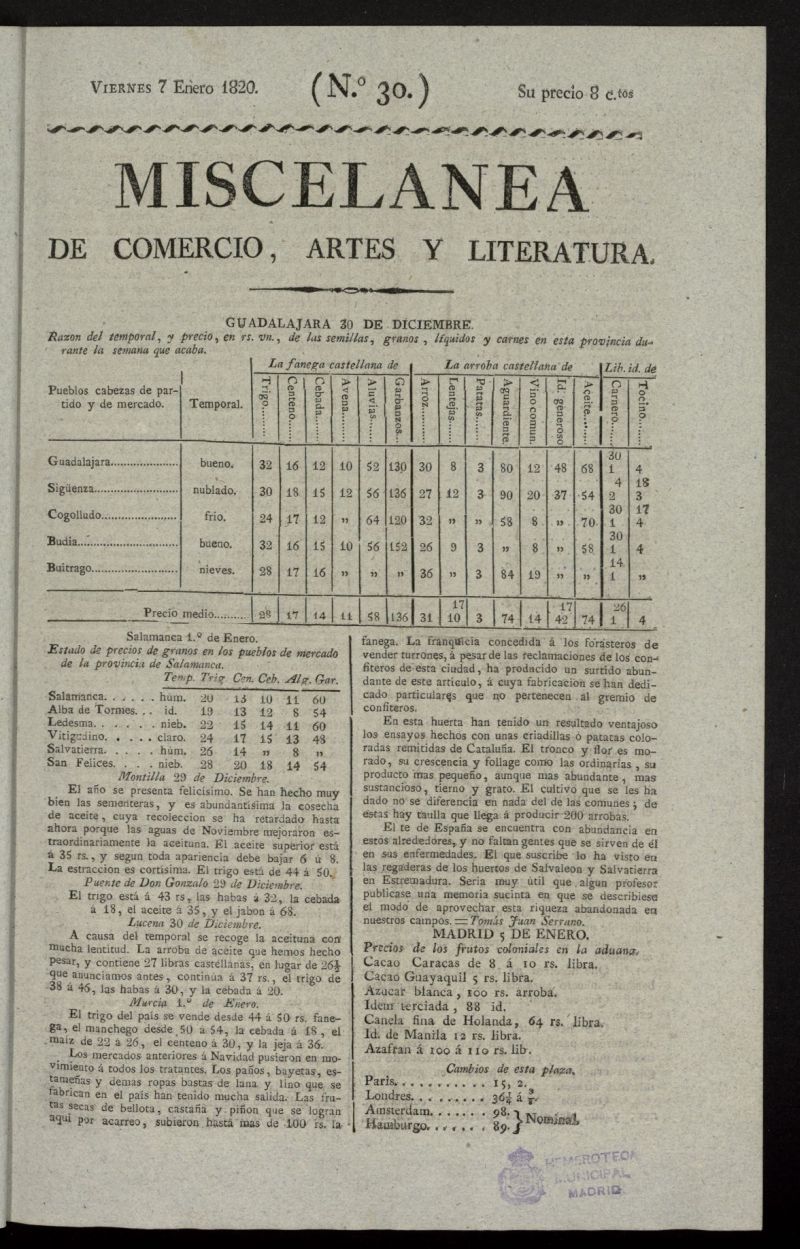 Miscelnea de comercio, artes y literatura (Madrid) del 7 de enero de 1820, n 30