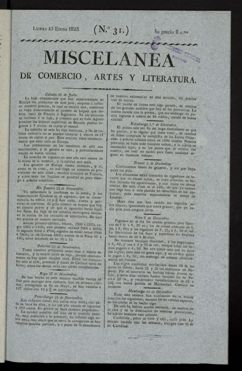 Miscelánea de comercio, artes y literatura (Madrid) del 10 de enero de 1820, nº 31