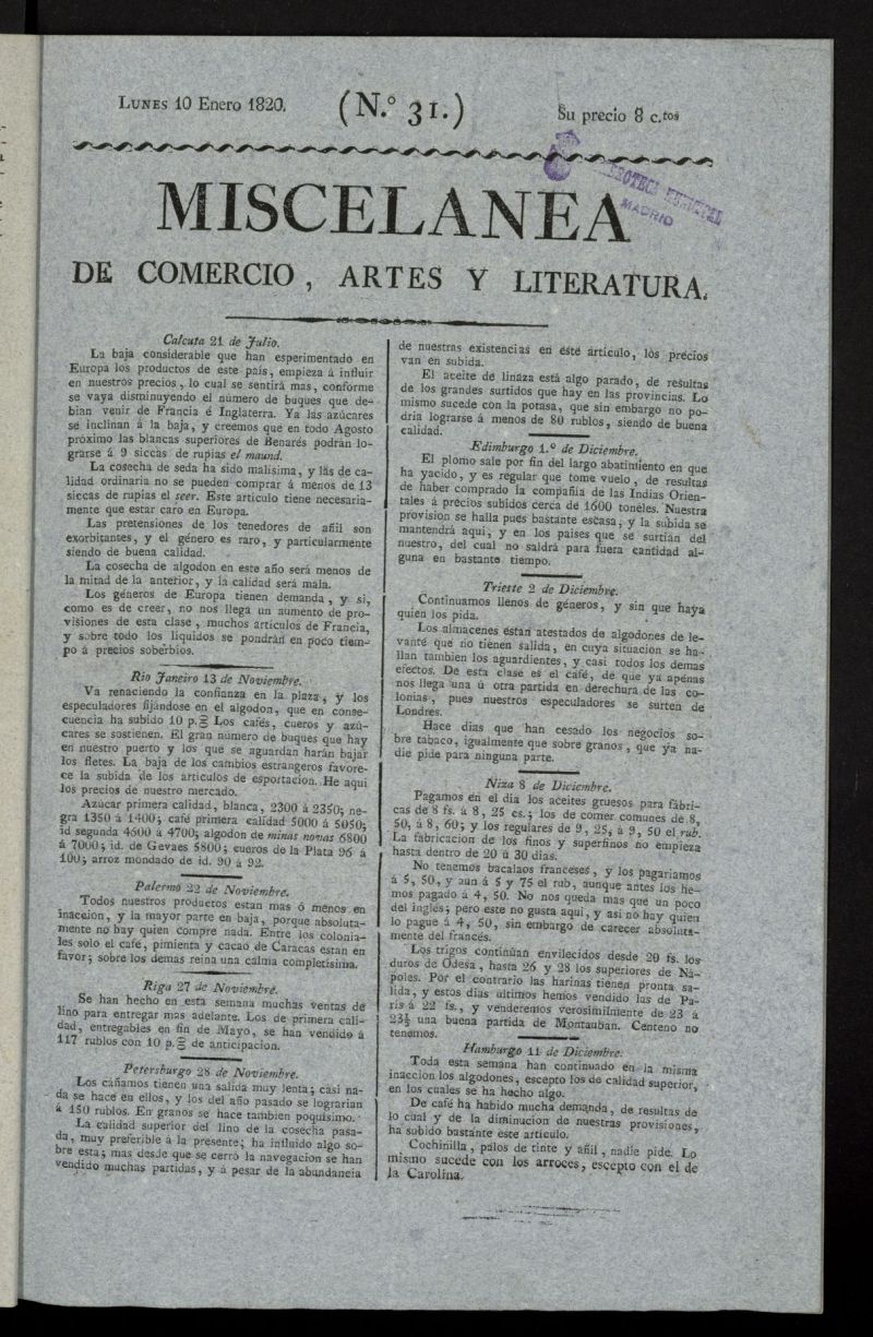 Miscelnea de comercio, artes y literatura (Madrid) del 10 de enero de 1820, n 31