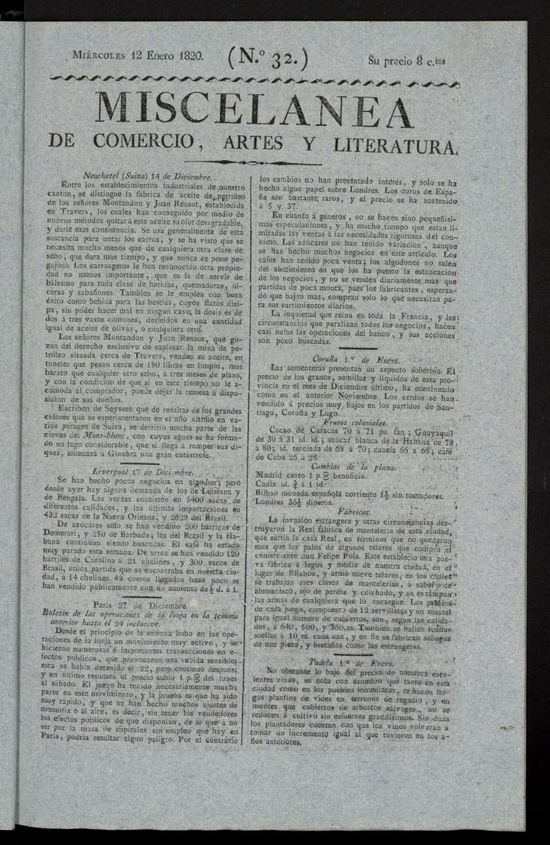 Miscelánea de comercio, artes y literatura (Madrid) del 12 de enero de 1820, nº 32