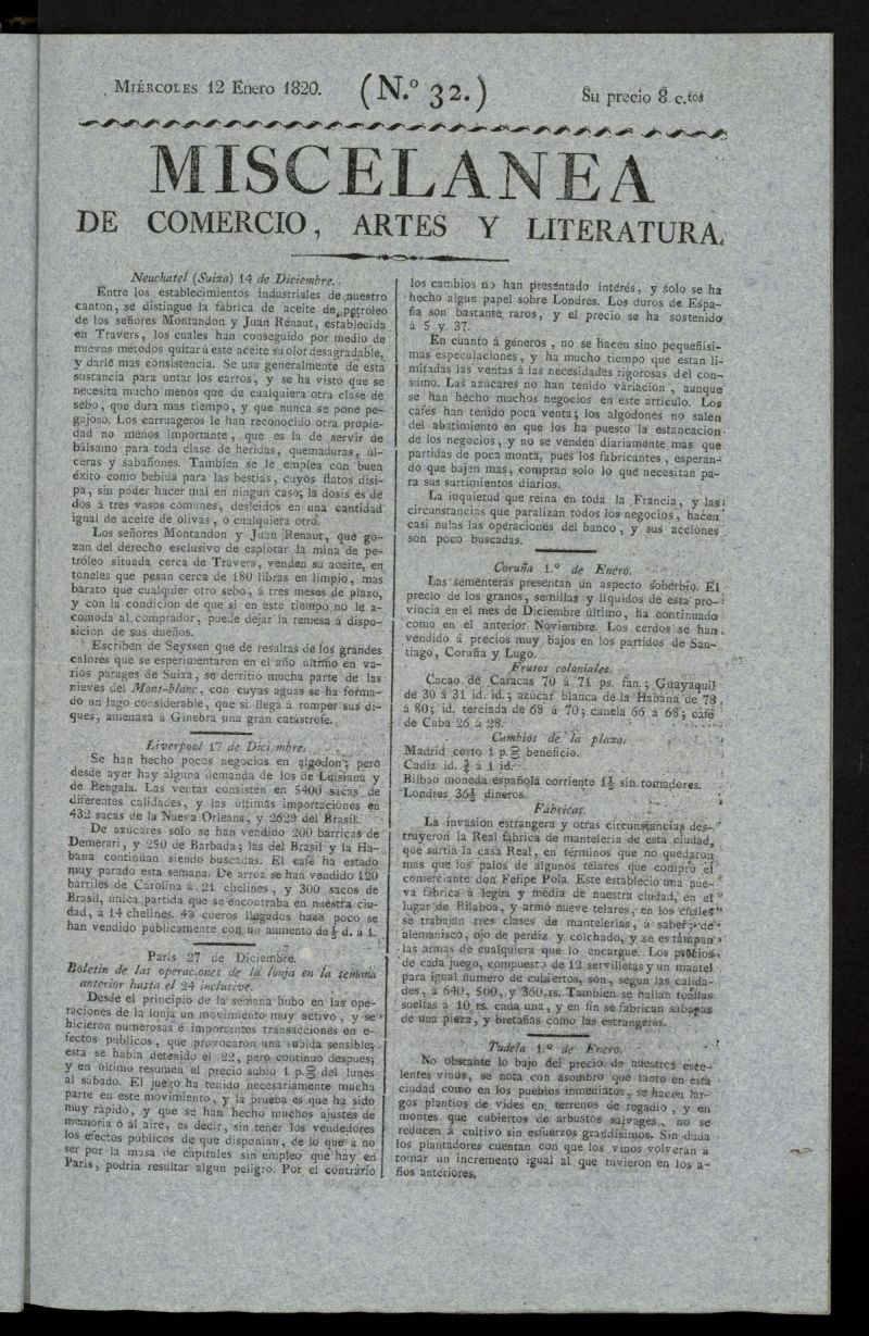 Miscelnea de comercio, artes y literatura (Madrid) del 12 de enero de 1820, n 32