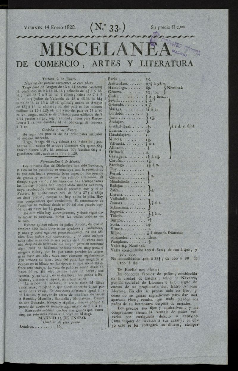 Miscelánea de comercio, artes y literatura (Madrid) del 14 de enero de 1820, nº 33