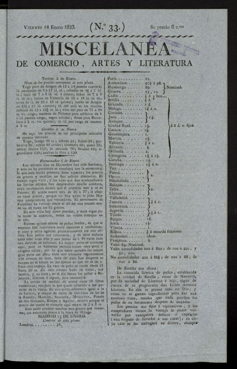 Miscelnea de comercio, artes y literatura (Madrid) del 14 de enero de 1820, n 33