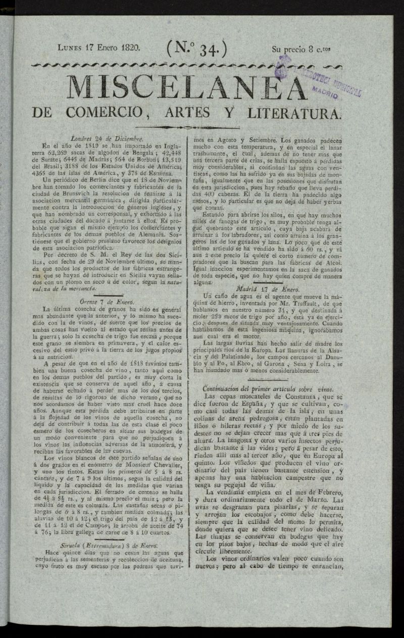 Miscelnea de comercio, artes y literatura (Madrid) del 17 de enero de 1820, n 34