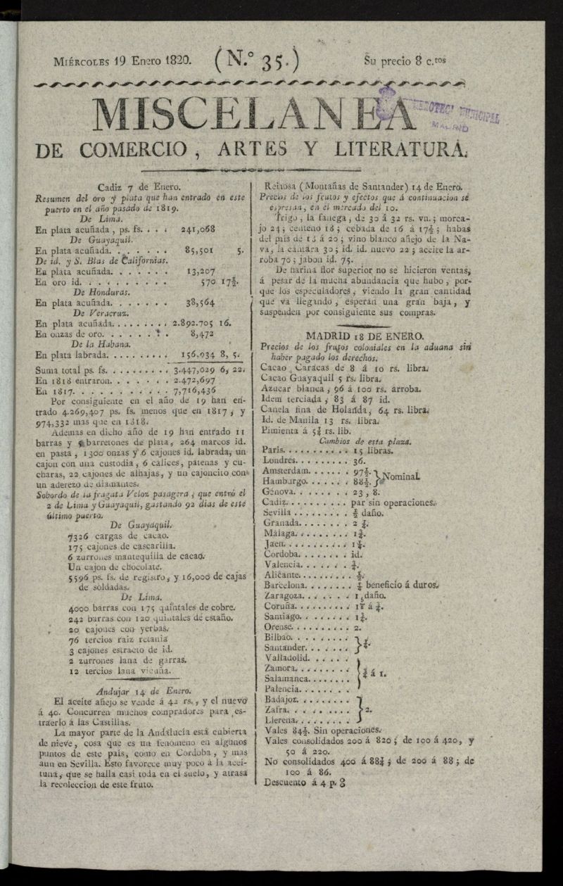 Miscelnea de comercio, artes y literatura (Madrid) del 19 de enero de 1820, n 35