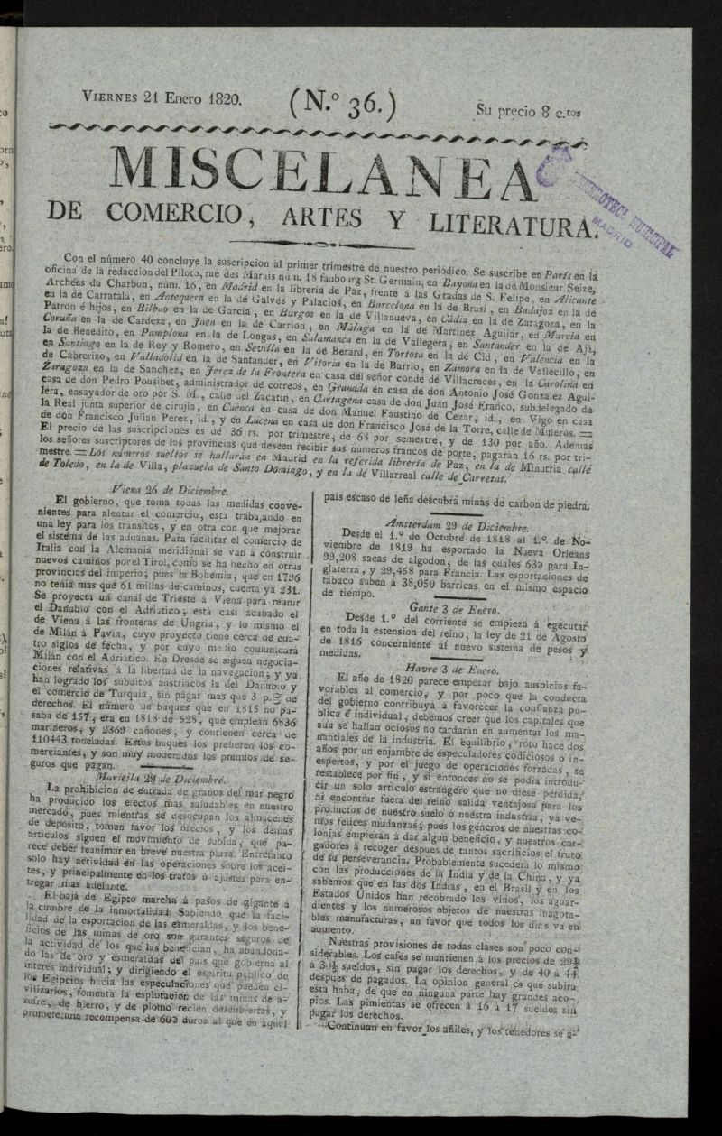 Miscelánea de comercio, artes y literatura (Madrid) del 21 de enero de 1820, nº 36