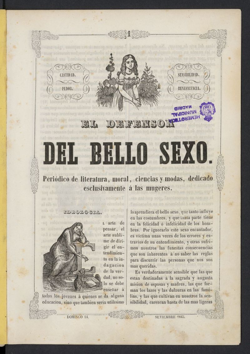 El Defensor del Bello Sexo: peridico de literatura, moral, ciencias y modas dedicado exclusivamente a las mugeres del 14 de septiembre de 1845