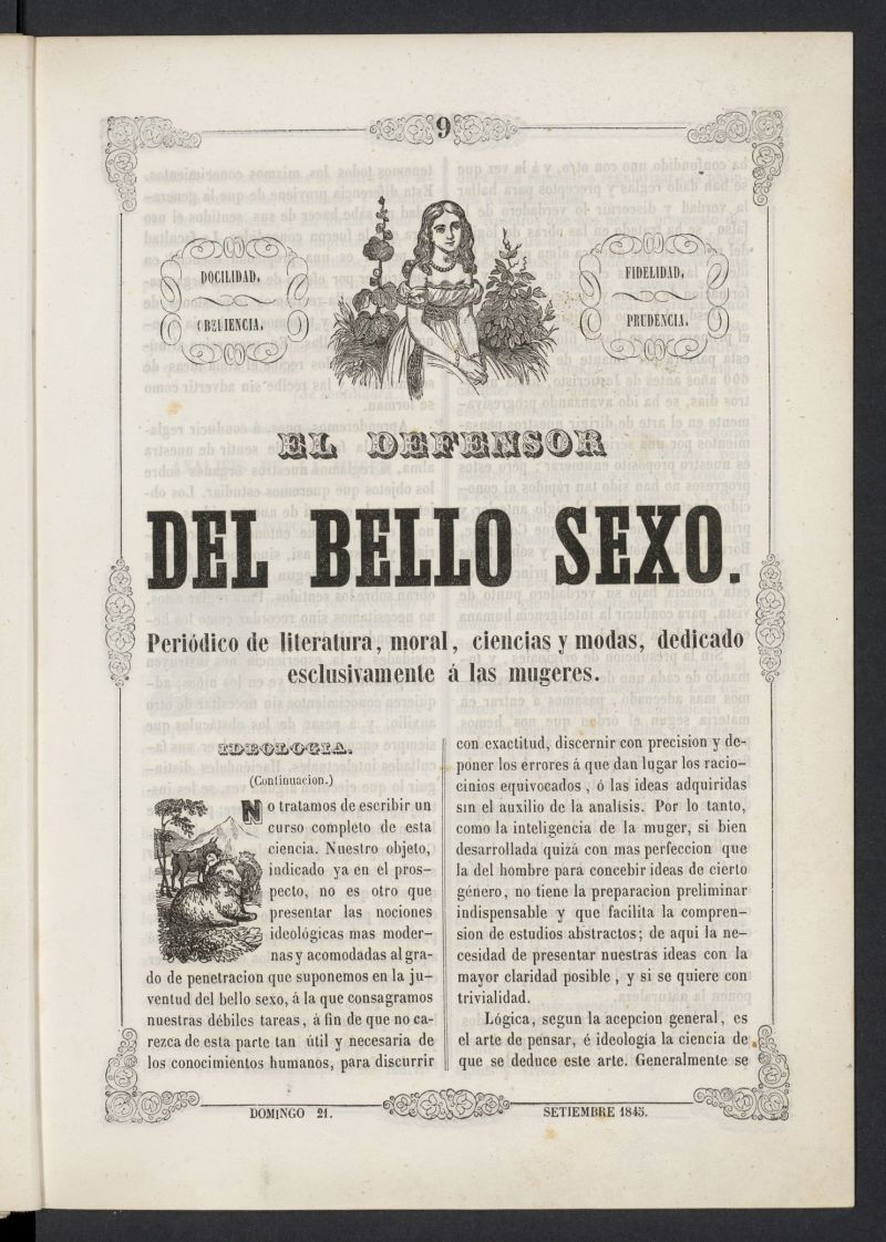 El Defensor del Bello Sexo: peridico de literatura, moral, ciencias y modas dedicado exclusivamente a las mugeres del 21 de septiembre de 1845