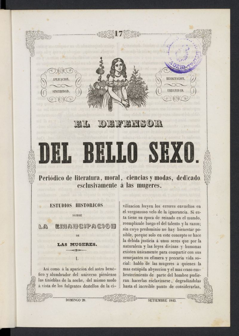 El Defensor del Bello Sexo: peridico de literatura, moral, ciencias y modas dedicado exclusivamente a las mugeres del 28 de septiembre de 1845