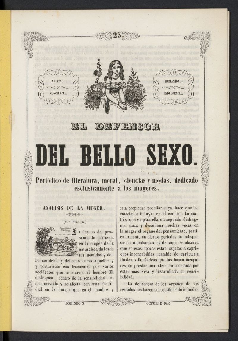 El Defensor del Bello Sexo: peridico de literatura, moral, ciencias y modas dedicado exclusivamente a las mugeres del 5 de octubre de 1845