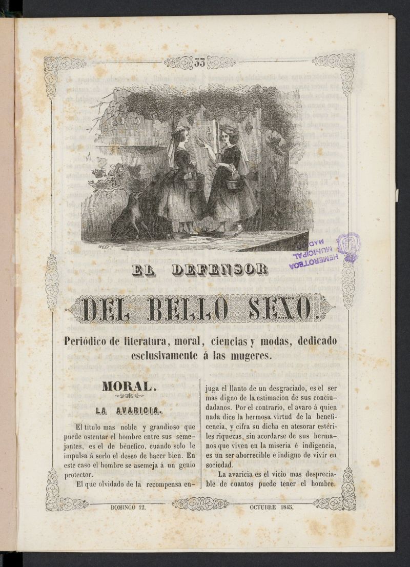 El Defensor del Bello Sexo: peridico de literatura, moral, ciencias y modas dedicado exclusivamente a las mugeres del 12 de octubre de 1845