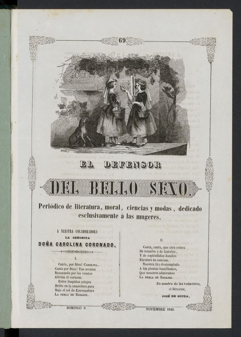 El Defensor del Bello Sexo: peridico de literatura, moral, ciencias y modas dedicado exclusivamente a las mugeres del 9 de noviembre de 1845
