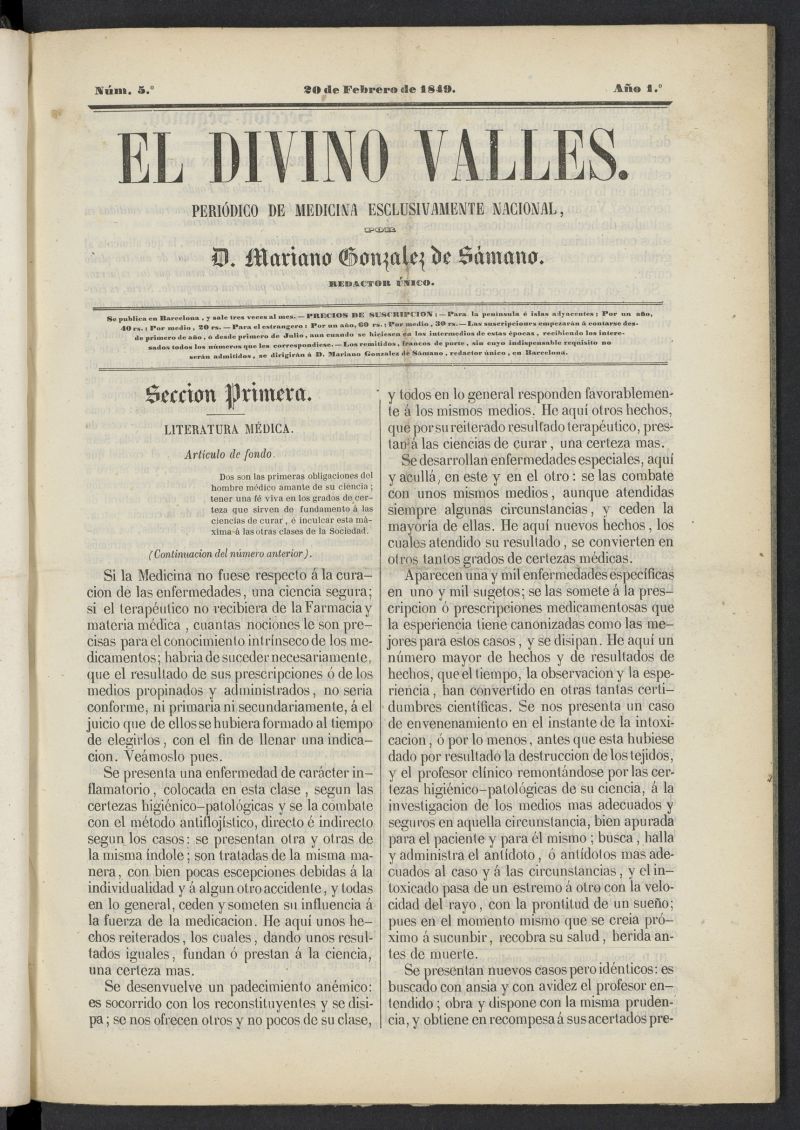El Divino Valls: peridico de medicina esclusivamente nacional del 20 de febrero de 1849, n 5