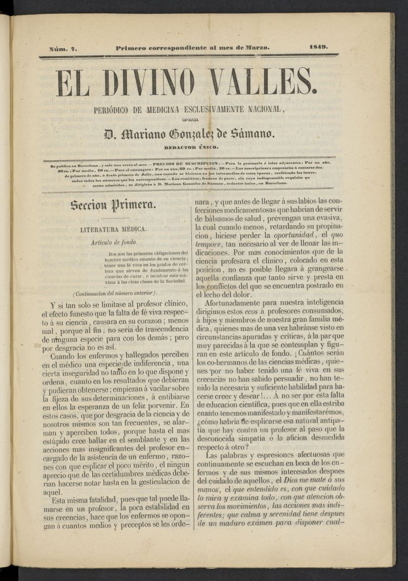 El Divino Valls: peridico de medicina esclusivamente nacional 1 al mes de marzo de 1849, n 7