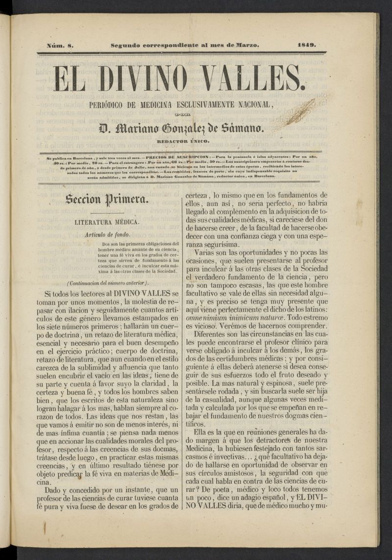 El Divino Valls: peridico de medicina esclusivamente nacional 2 al mes de marzo de 1849, n 8