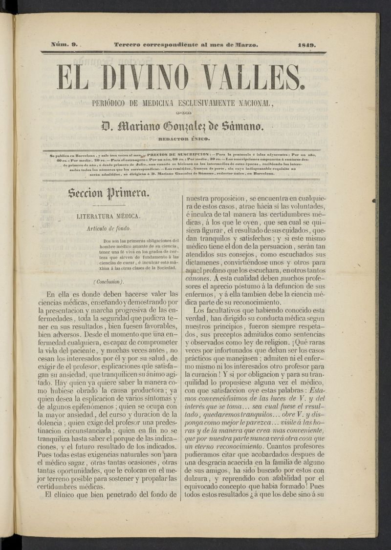El Divino Valls: peridico de medicina esclusivamente nacional 3 al mes de marzo de 1849, n 9