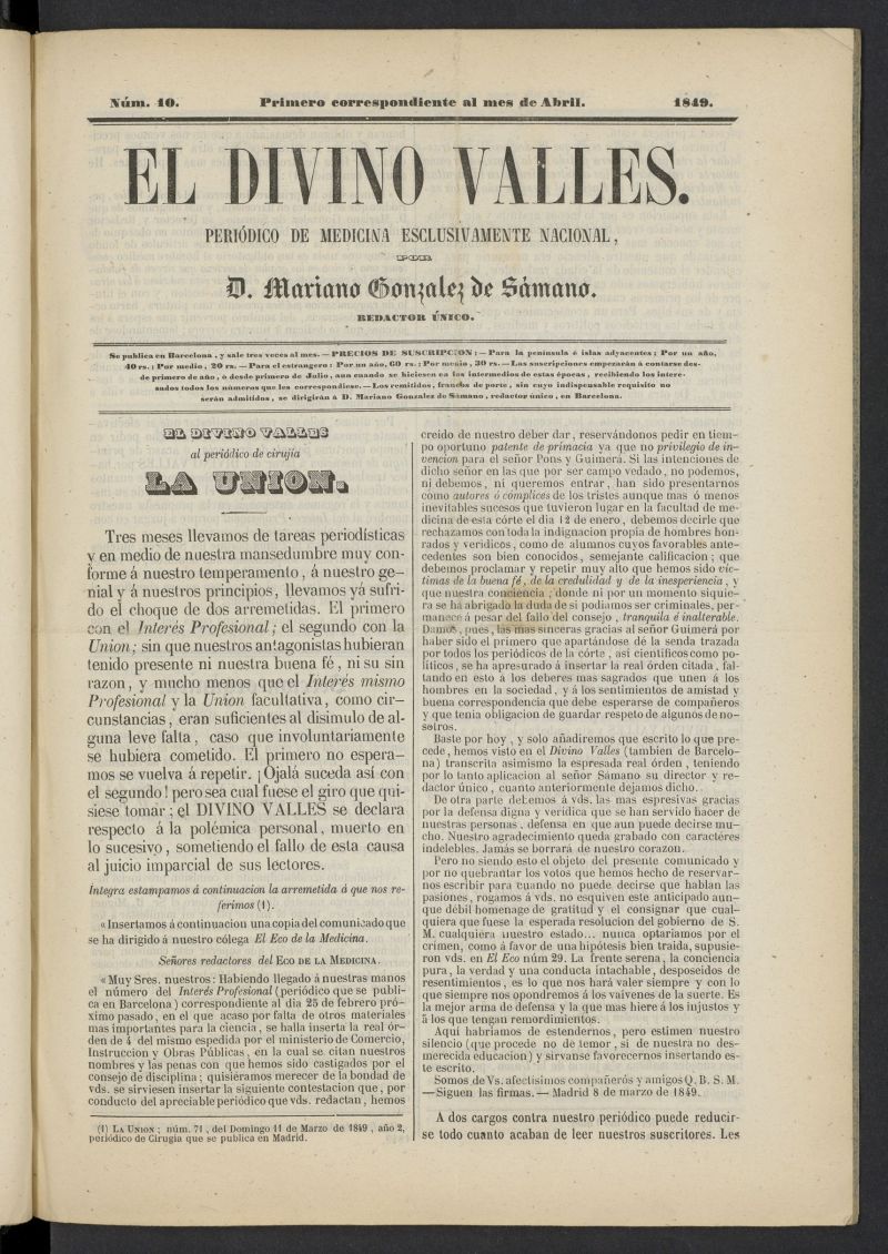 El Divino Valls: peridico de medicina esclusivamente nacional 1 al mes de abril de 1849, n 10