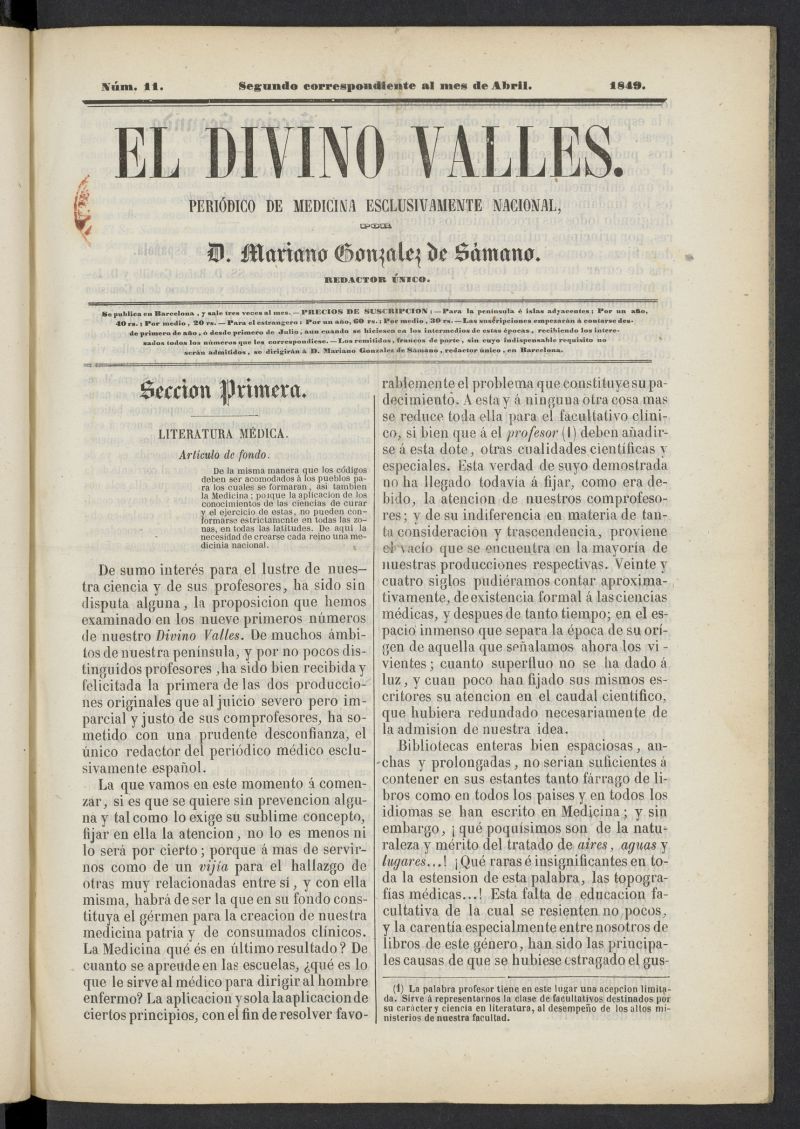 El Divino Valls: peridico de medicina esclusivamente nacional 2 al mes de abril de 1849, n 11