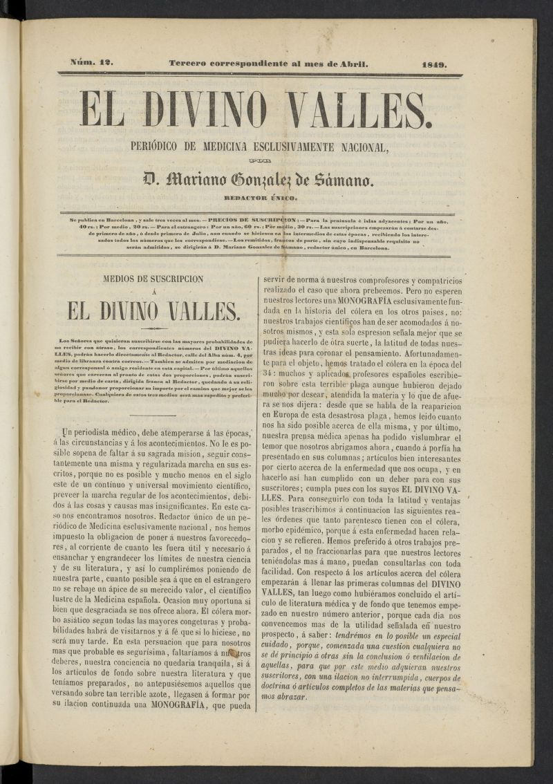 El Divino Valls: peridico de medicina esclusivamente nacional 3 al mes de abril de 1849, n 12