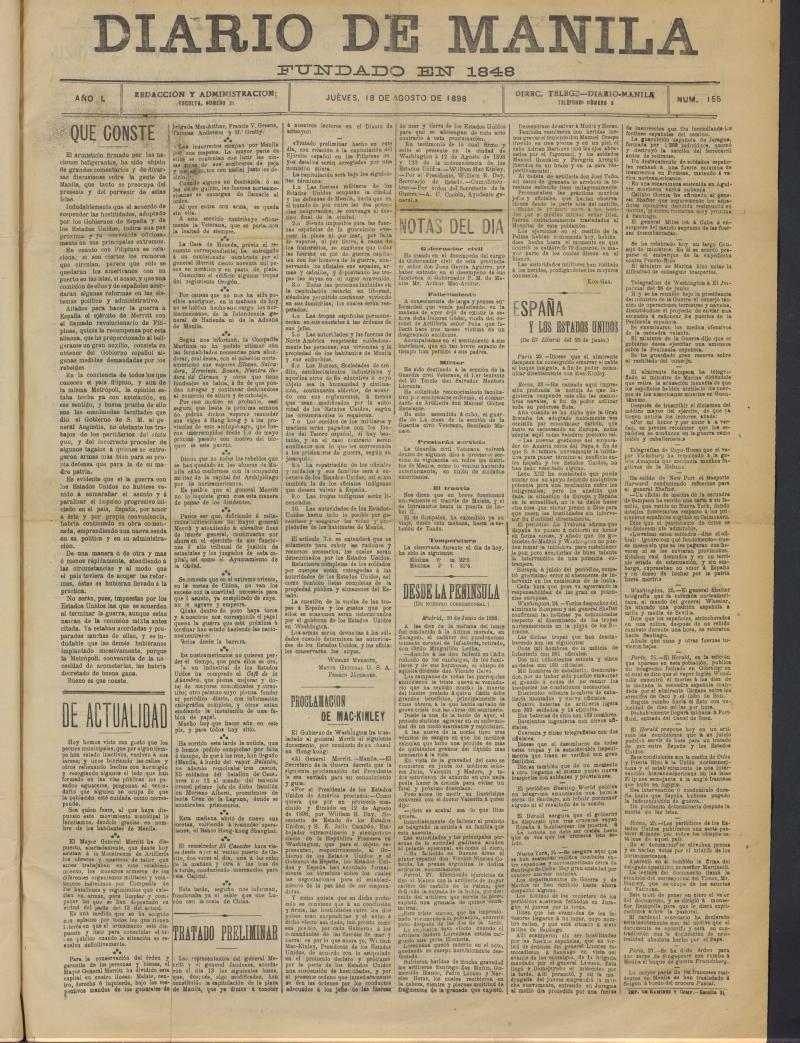 Diario de Manila del 18 de agosto de 1898, n 155