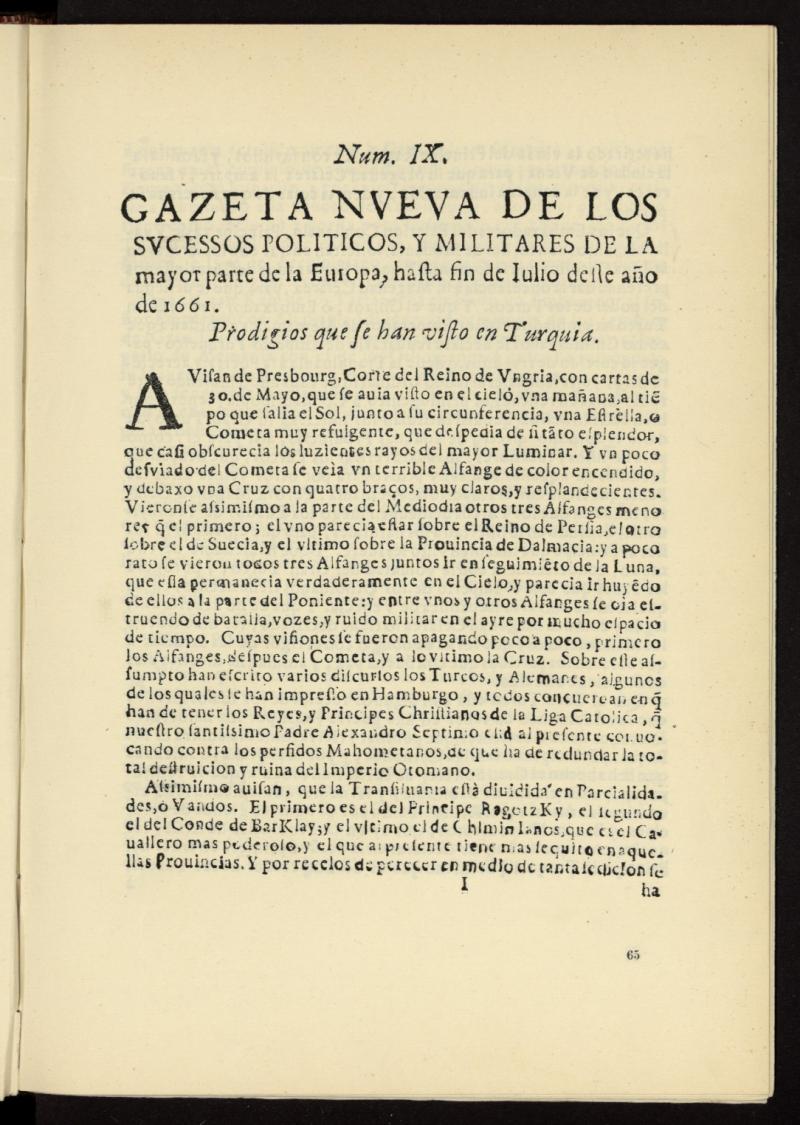 Gazeta nueva de los sucessos políticos, y militares de la mayor parte de la Europa, hasta fin de julio de este año de 1661, nº 9