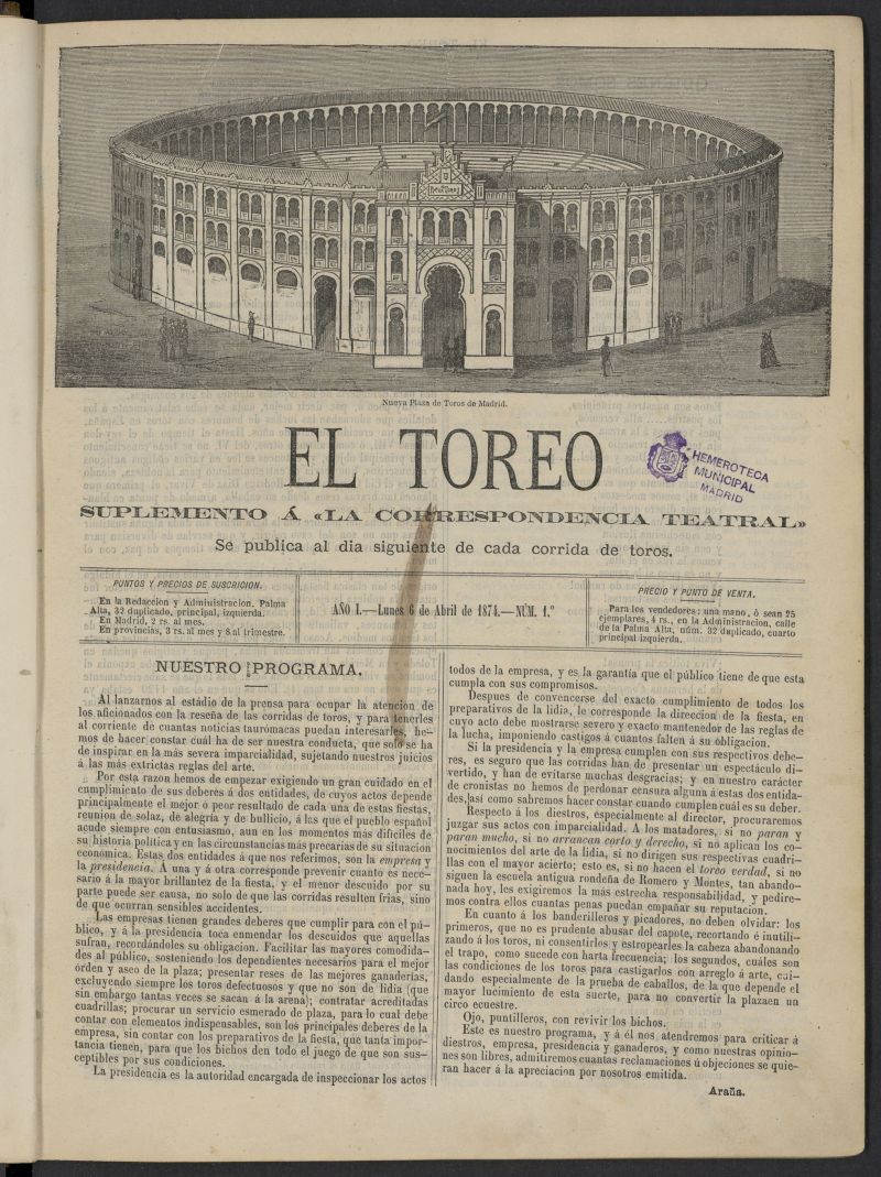 El Toreo: suplemento a "La Correspondencia Teatral" del 6 de abril de 1874, n 1
