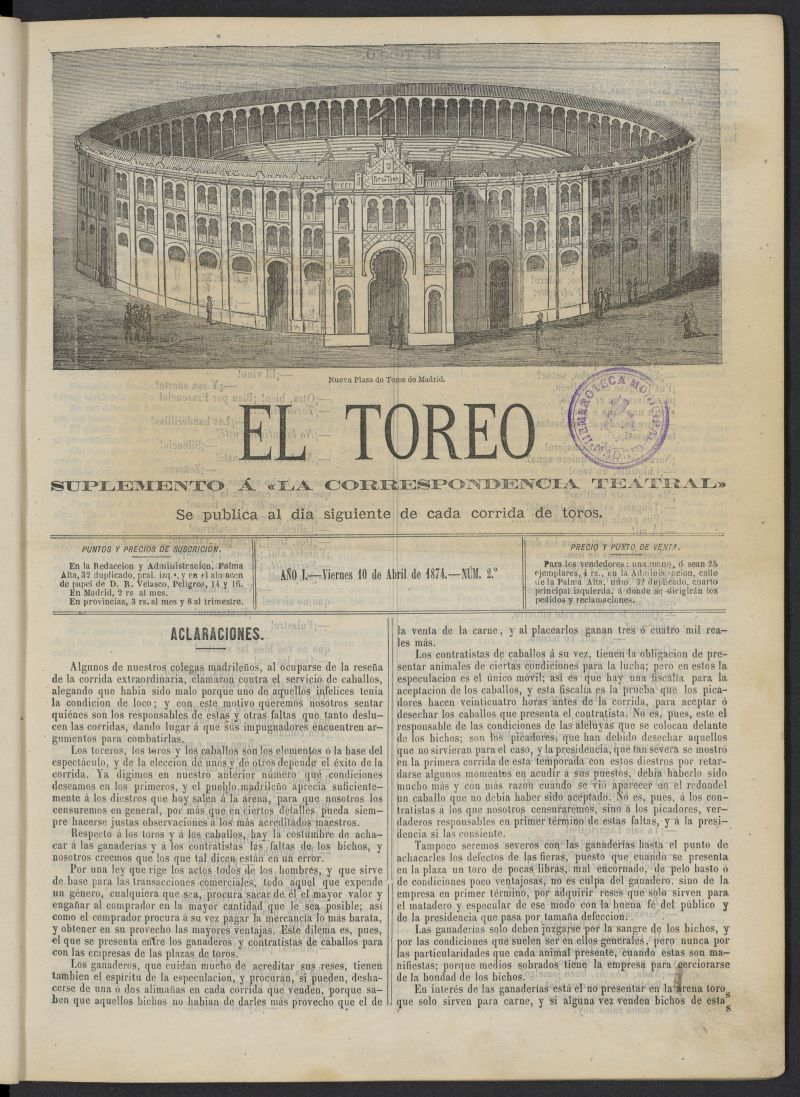 El Toreo: suplemento a "La Correspondencia Teatral" del 10 de abril de 1874, n 2