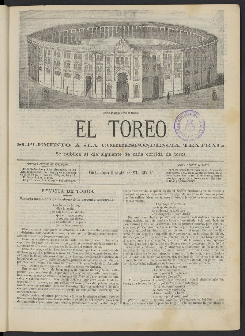 El Toreo: suplemento a "La Correspondencia Teatral" del 13 de abril de 1874, n 3