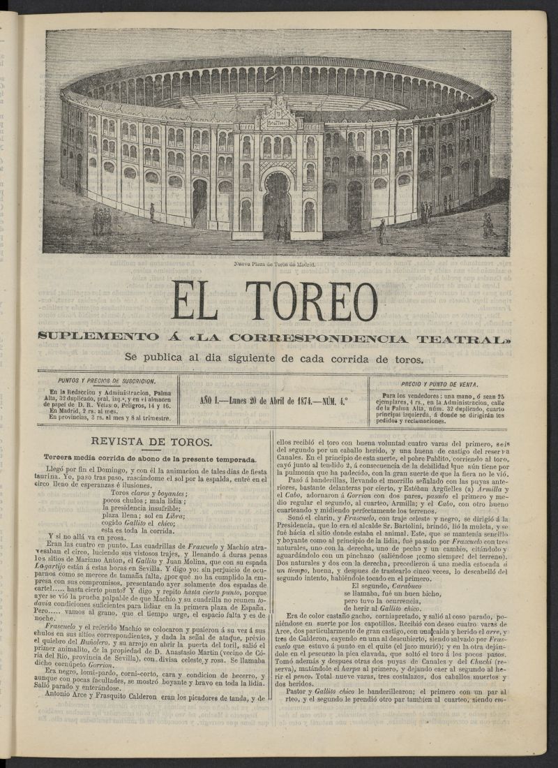 El Toreo: suplemento a "La Correspondencia Teatral" del 20 de abril de 1874, n 4