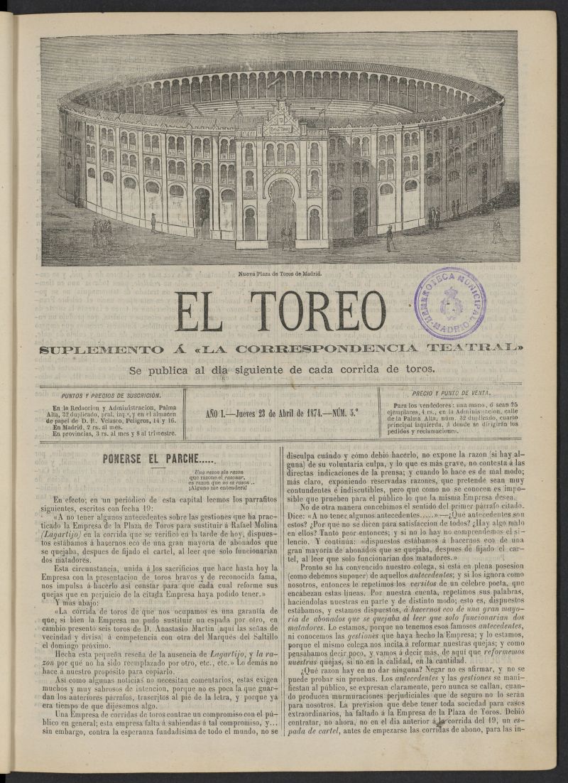 El Toreo: suplemento a "La Correspondencia Teatral" del 23 de abril de 1874, n 5
